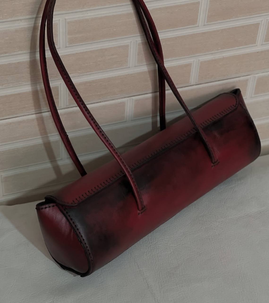 Women's leather shoulder bag, hand-stitched cowhide patina Luxo – burgundy, casual and formal style