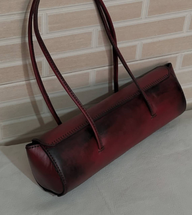 Women's leather shoulder bag, hand-stitched cowhide patina Luxo – burgundy, casual and formal style